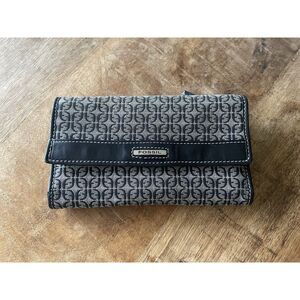 Fossil Monogram Canvas Wallet Black Trim Zip Pocket Trifold